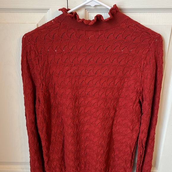 Sundance Frances Ruffle Turtleneck Sweater Scallop Pointelle Knit Rust Orange LG - Picture 10 of 11
